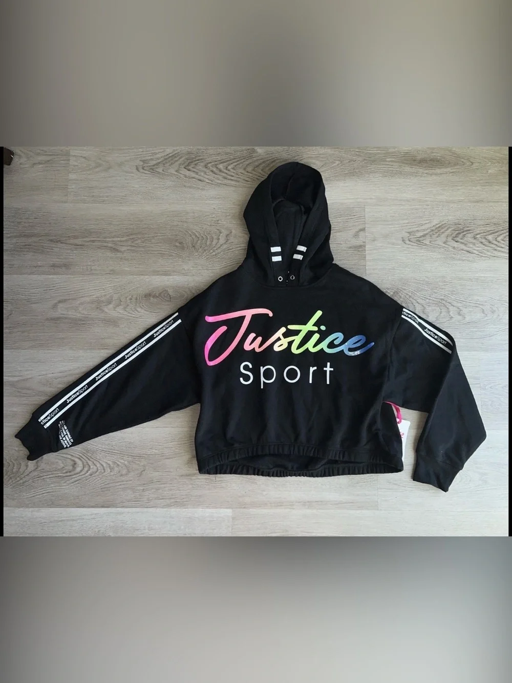 Justice Sport Girls Pullover Fleece Black Hoodie Glitter Logo Size L (12/14) NWT